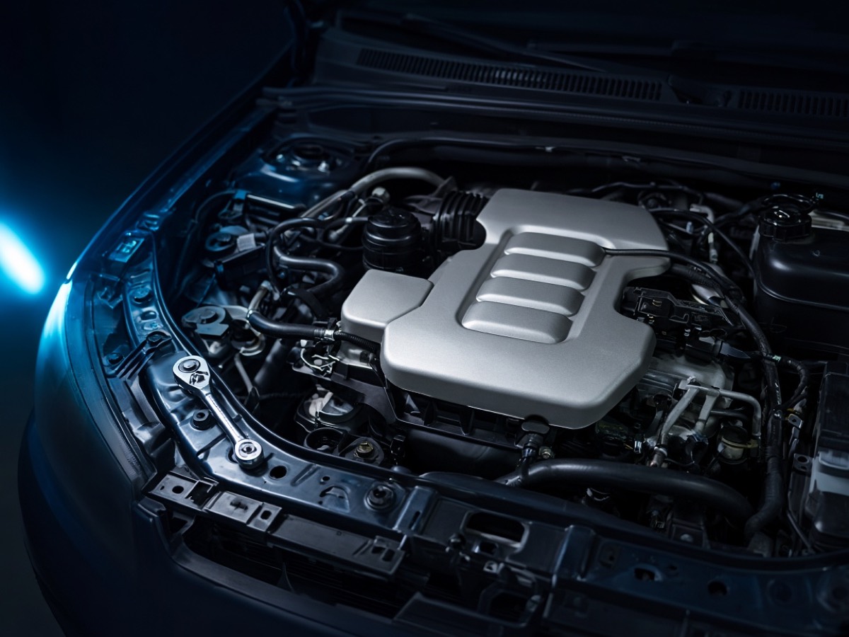 Open engine bay under a cyan inspection lamp