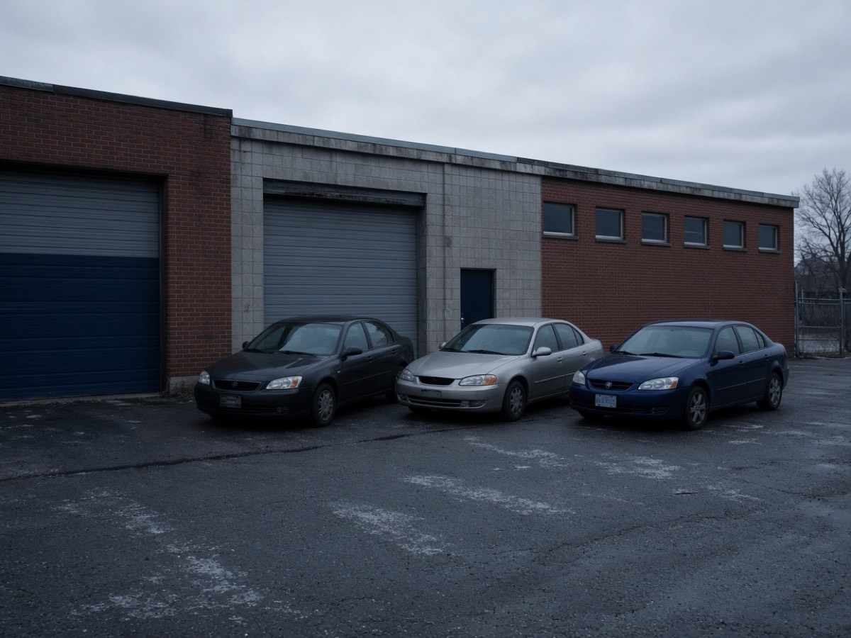 Three ordinary used cars parked beside a low garage