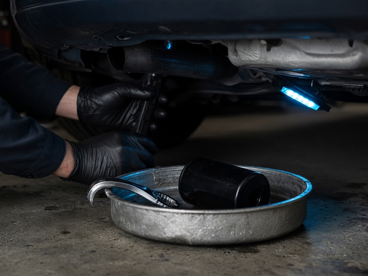 Oil service under a car with a filter wrench and drain pan